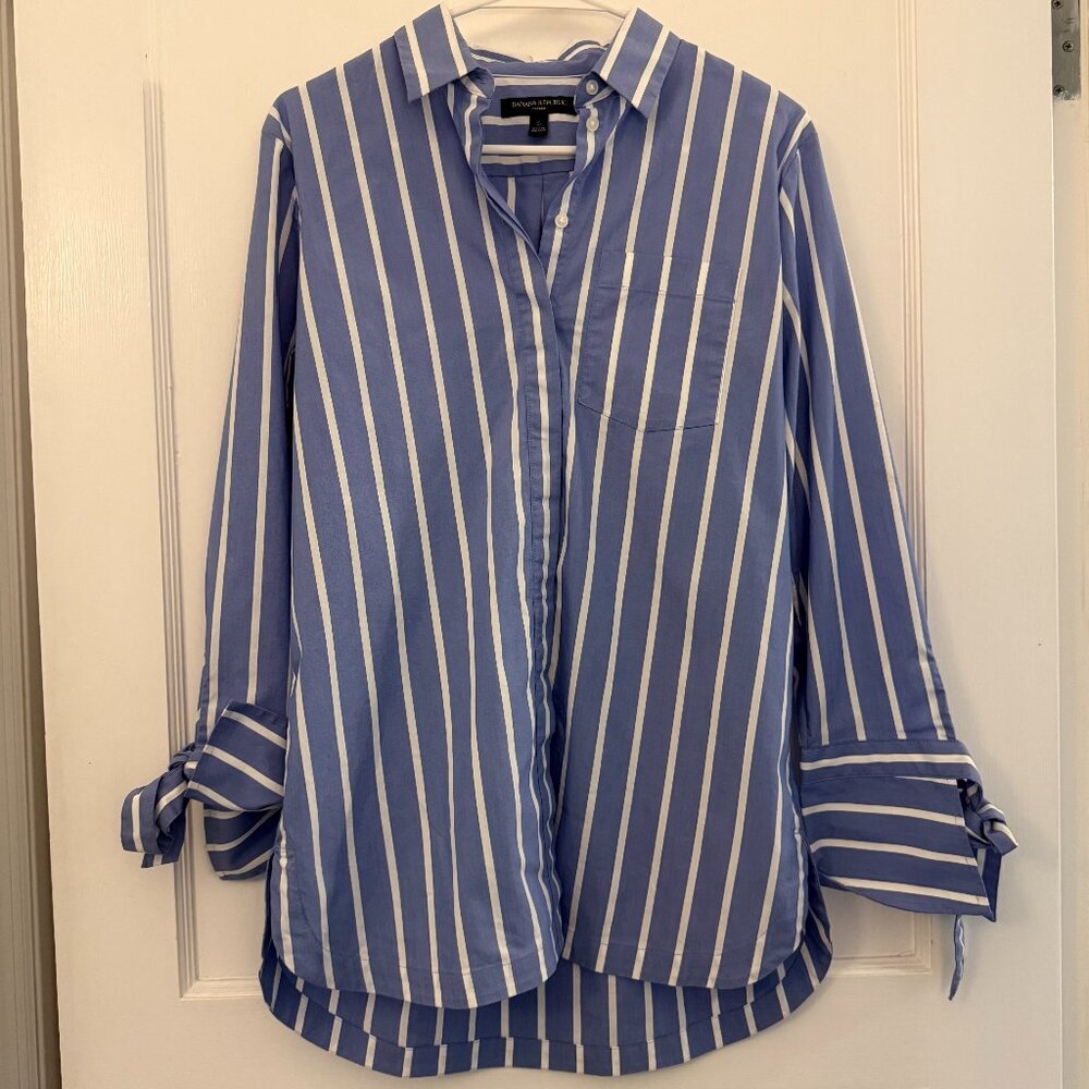 Tunic-length Striped Button Down Shirt with Tie Cuffs